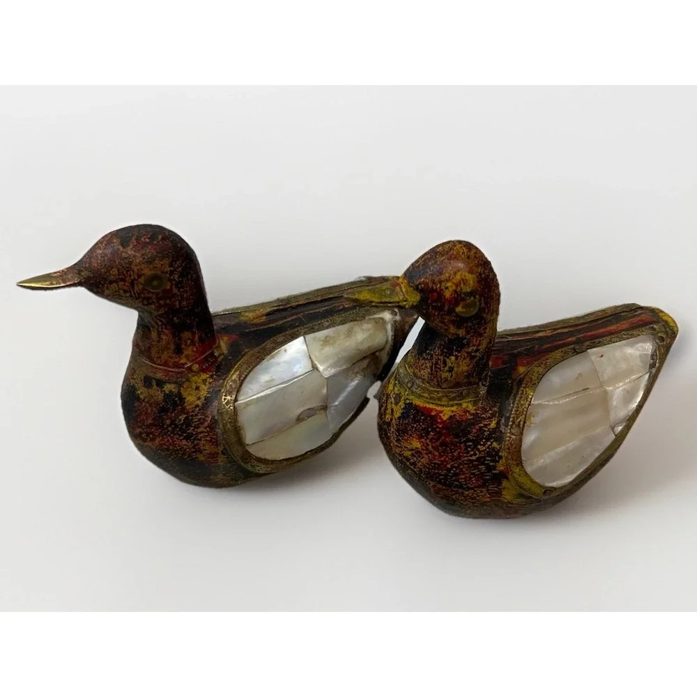 Vtg Set 2 Wood Handcarved Duck w/Brass & Pearl Decorative Inlays Charles Marcak